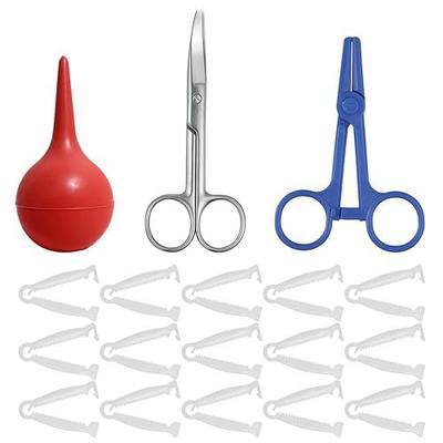 Animal Birth Kit with Curved Scissors | Disposable Umbilical Clamps, Hemostat, Bulb Syringe | Safe Delivery for Puppies, Kittens, Lambs, Piglets & Calves (Farm & Home Use) (Red - Rubber)