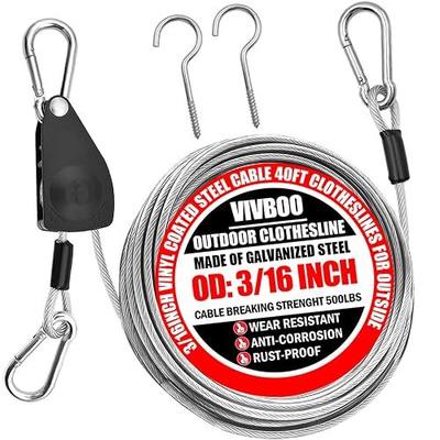 Clothes Line Outdoors 40ft Retractable with Hooks | 3/16" PVC Coated Steel Wire Rope, Heavy Duty Metal Hooks for Travel Camping Backyard Umbrella