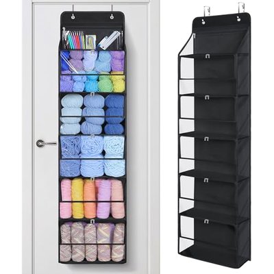 KEEGH Hanging Yarn Storage Organizer with 6 Zipper Closure Compartments, Large Capacity Crochet Storage Organizer, Over the Door Yarn Holder for Knitting Needles, Crochet Hooks, Clear Black