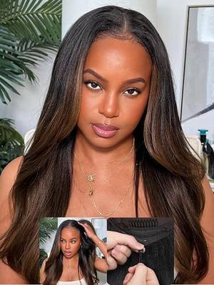 Nadula Ombre Brown Yaki Straight V Part Wig Human Hair with Drawstring No Leave Out EasiContour Vpart Wigs,Glueless Chestnut Brown Highlight Clip in V-part Yaki Wig, Upgrade Yaki U Part Wig 16inch