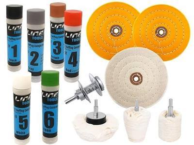 LINE10 Tools 6 Inch Metal Buffing Kit for Drill, 6 Buffing Compound Buffing Wheels and Drill Buffers with Adapters Bench Grinders, Mag Aluminum Wheels Stainless Steel, Chrome, Gold Brass
