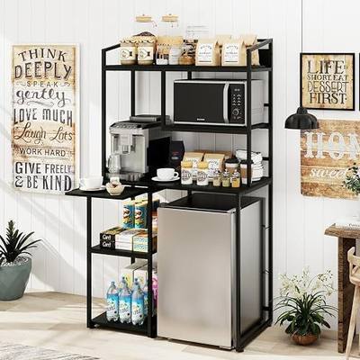 PUNCIA Modern Coffee Bar Cabinet with Mini Fridge Space & Outlet, Black | Microwave Stand & Mini Fridge Stand, Sideboard Cabinet with Outlet, Open Storage Shelf Home Bar Stand for Corner Dorm Kitchen