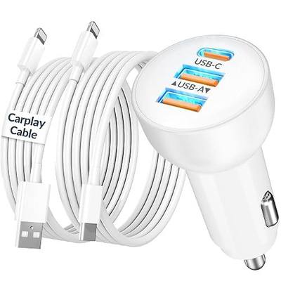 3-Port 70W Fast Car Charger for iPhone 14 13 12 11 Pro Max SE XR XS X 8 7 6 | 2Pack, USB iPhone Carplay Cord &Lightnings Charging Cable + USB-C&A Car Charger Adapter Cigarette Lighter, Travel Accessories