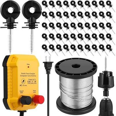 MorningRo Electric Fence Charger Set 5 Mile 110VAC 0.25 Joule Electric Plug in Fence to Contain Chickens Pet Poultry 50 Black Insulator and 1 Socket Tool 250ft Aluminum Wire for Garden Pond Protection