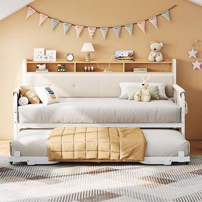 LIKIMIO Daybed with Trundle, Twin Bed Frame,White | with Upholstered Headboard and Charging Station, Sofa Day Bed with Strong Supports for Living Room, Bedroom and Guest Room