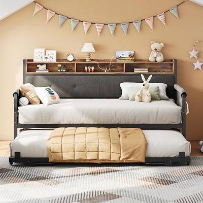 LIKIMIO Daybed with Trundle, Twin Bed Frame,Black | with Upholstered Headboard and Charging Station, Sofa Day Bed with Strong Supports for Living Room, Bedroom and Guest Room