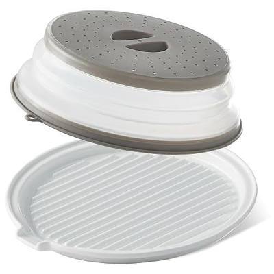 ONEMORE Microwave Bacon Tray with Lid Ceramic Bacon Cooker Meat Rack for Oven Cooking Crispy Bacon Maker with Cover - 11 inch Round Bacon Dish Plate, White