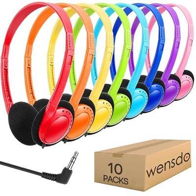Kids Headphones Bulk 10 Pack for School Classroom Students K-12, Children Wired Adjustable On Ear Earphones Class Set for Library Airplane Computer 3.5mm Jack (HY103,10 Mixed)