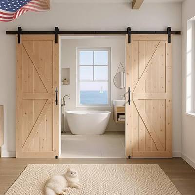 S&Z TOPHAND® 24in x 84in Double Unfinished British Brace Barn Door with 8FT Sliding Hardware Kit/Solid Wood/Double Surfaces/Simple Assembly is Required