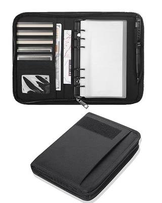 GEEDUD Padfolio Ring Binder with 45 Sheets 90 Pages of Loose-Leaf Paper,Weatherproof Notebook Cover,Tactical Notebook with Zippered for Folders,Business Cards Refillable 6-Ring Notepad(Black,A6 Size)