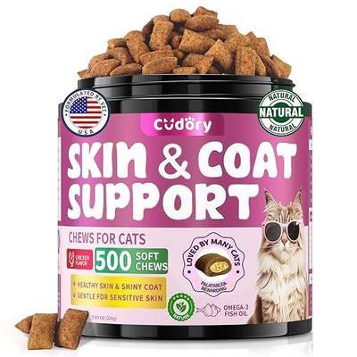 Omega 3 for Cats - 500 Skin & Coat Health Crunchy & Creamy Chews with Omega 3, Biotin & Vitamin E for Healthy Skin, Shiny Fur, Cat Supplements & Vitamins -Chicken Flavor