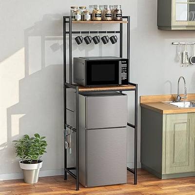 Housolution Mini Fridge Stand with Storage, 2-Tier Kitchen Microwave Stand with Storage Mini Fridge Shelf Height Adjustable Bakers Rack with 8 Hooks for Dorm, Living Room, Offices