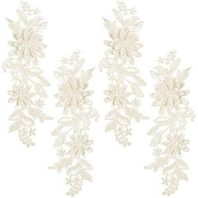 2 Pairs 4Pcs Cream 3D Flowers Lace Applique Sew On Embroidered Floral Appliques Vintage Soild Polyester Embroidery Patches for Sewing Making Dresses Clothes Wedding Decor Bags DIY Crafts