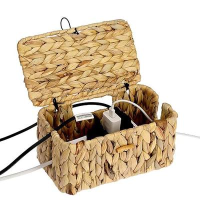 BTSKY Woven Cable Management Box with Lid, Water Hyacinth Cord Organizer for Desk, Cable Organizer Box with 2-Open Slots to Hide Power Strips USB Hubs for Home & Office, Pet Proofing Cord Basket, S