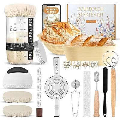 Complete Sourdough Starter Kit, Sourdough bread baking supplies, Great Gift Beginners Bread Makers 24oz Fermentation Jar 9" and 10" Silicone Banneton Bread Proofing Basket, sour dough Whisk,18 in 1