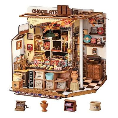 Rolife Henry's Chocolate Shop DIY Miniature Dollhouse Kit Gift for Adults | 1:18 Scale Tiny House with LED Light, Wooden 3D Puzzle Model Kit, Diorama Craft Set for Home Decor Display