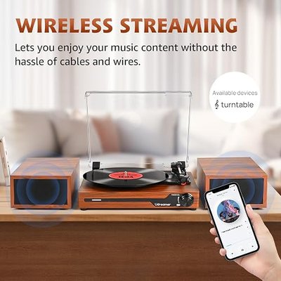 Vinyl Record Player with Speakers,Bluetooth Portable Turntable for Vinyl Records,Phonograph LP Player with 3 Speed USB RCA in Vintage Brown