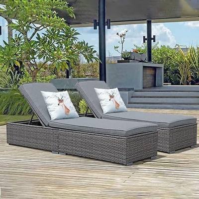 JOIVI Outdoor Chaise Lounge Chair with Adjustable Backrest, 2 Pieces, Gray | All-Weather PE Wicker Patio Pool Lounge Chairs, Reclining Outdoor Chair with Thick Cushions, for Outside Poolside, Beach