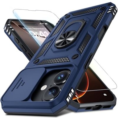 for iPhone 11 Pro Max Phone Case Built in Slide Camera Lens Cover | with Tempered Glass Screen Protector+Finger Ring Holder Kickstand,Heavy Duty Shockproof Full Body Phone Cover,Black
