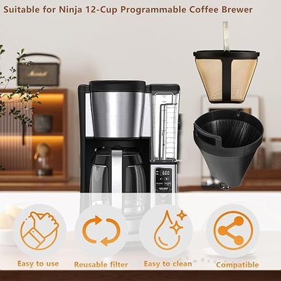 Permanent CE250 CE251 Filter Basket Holder & Gold Tone Filter Set,Compatible with Ninja 12-Cup Programmable Coffee Brewer CE200, CE200BRN, CE200C, CE201, CE201BRN, CE201C