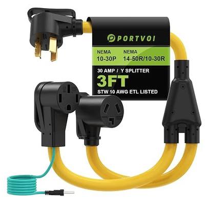 30 Amp NEMA 10-30P to 14-50R/10-30R Y Splitter Adapter, 3FT | 10AWG Copper Wire, ETL Listed, Safety Ground Wire, Heavy-Duty Design, For EV Chargers, RVs and Dryer Outlets