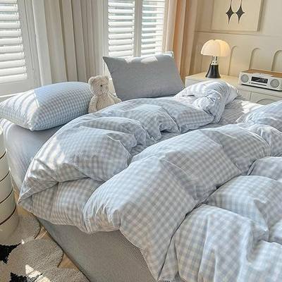 Nayoroom Blue Gingham Comforter Set Queen Size Plaid Checkered Comforter 3 Pcs Soft Lightweight Grid Farmhouse Dorm Bedding Set for All Seasons (1 Comforter, 2 Pillowcases)