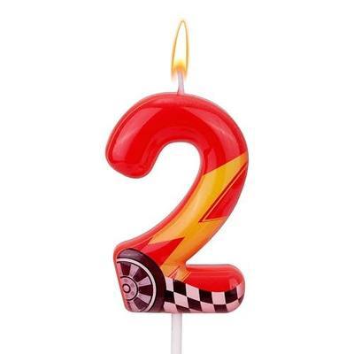 Racing Cars Themed Birthday Candle, Red Racing Car Lightning Number Candle Perfect Cake Toppers and Birthday Anniversary and Theme Party Decoration Supplies(Number 2)
