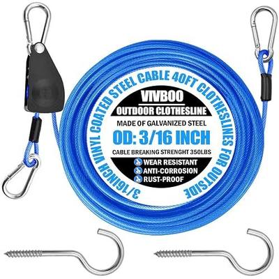 Clothes Line Outdoors 40ft Retractable with Hooks | 3/16" PVC Coated Steel Wire Rope, Heavy Duty Metal Hooks for Travel Camping Backyard Umbrella