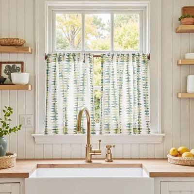 jinchan Sage Green Linen Kitchen Tier Curtains 24 Inch Modern Boho 2 Panels | Cafe curtains, light filtering, rod pocket, farmhouse style, small window, over sink, laundry, bathroom, machine washable
