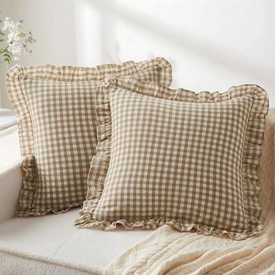 KKJIAF 2 Pcs Ruffle Gingham Pillow Covers 20" x 20", Taupe/White Plaid | Soft & Breathable Cotton Gingham Pillow Cases, Linen Feel Ruffled Plaid Pillow Shams with Envelope Closure for Sofa Bed