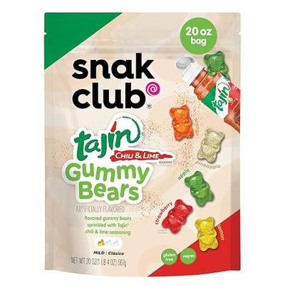 Snak Club Tajin Gummy Bears, Assorted Fruit Candy Gummies with Chili and Lime Seasoning, Mild, Gluten-Free and Vegan Snacks, 20 oz Resealable Bag