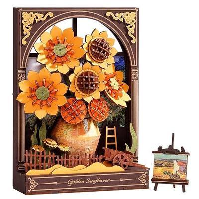 3D Wooden Puzzles for Adults - Van Gogh Golden Sunflower DIY Model Building Kits with LED Light - Gifts for Mothers Day - Home Decor, Wall Art & Unique Creative Gifts for Art Lovers/Men/Women