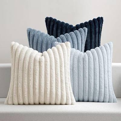 MIULEE Faux Fur Plush Decorative Throw Pillow Covers 18x18 Set of 4, Summer Modern Soft Fuzzy Coastal Striped Cushion Covers for Sofa Couch Bed Living Room Cozy Home Decor,Navy Blue