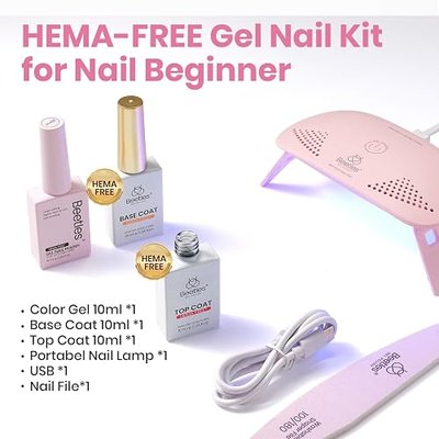 Beetles 10ML HEMA-Free Pink Gel Nail Kit with U V Light 5Pcs Gel Polish Set | Light Pink Bubble DIY Home Salon Travel Portable Manicure Kit with Base &Top Nail File Coat Soak Off Gift for Women Girls