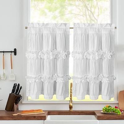 HIG 2 Pack White Ruffle Handcrafted Kitchen Curtains, 30"x36" | Bow Tie Blackout Tier Curtains for Kitchen, Cabinet, Basement, Camper, Farmhouse Decorative Privacy Cafe Window Treatment