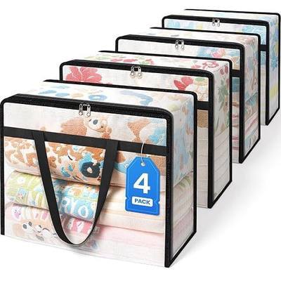 BlissTotes 4 Pack Clear Clothes Storage Bags, Moving Bags, Foldable Blanket Storage Under Bed Storage Containers with Sturdy Zipper and Handle for Clothing, Comforter, Bedding, Sheet (40L)