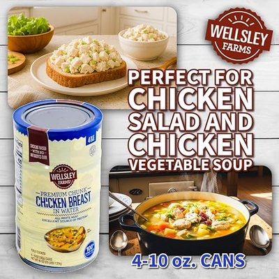 Wellsley Farms Premium Chicken Breast. No Antibiotics Ever. Chunk White Meat. Package of 4. (10oz. Cans) Fully Cooked