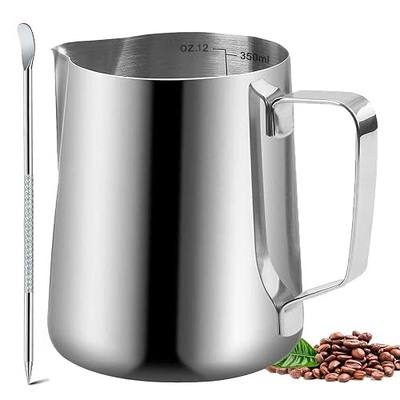 Milk Frother Cup, 12oz (350ml) Milk Frothing Pitcher Metal 304 Stainless Steel Steamer Cup, Coffee Milk Cappuccino Latte Art Barista Steaming Pitcher Espresso Jug with Decorating Pen