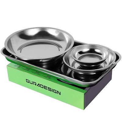 GURADESIGN Magnetic Tray 4-Piece, Large Magnetic Parts Tray and Round Magnetic Parts Tray Set, Stainless Steel Heavy Duty 9.5" W x 5.5''L Square and 6" 4" 3"Round Tools Tray