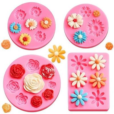 Puyeipt Flower Silicone Fondant Molds, 4 Pack | Daisy Rose Flower Chocolate Candy Molds, Non-Stick, for Cupcake Topper, Cake Pop Decoration