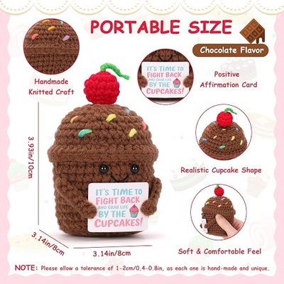 Positive Crochet Cupcakes with Affirmation Messages Crochet Emotional Cupcake Plush for Women Best Friends Christmas Birthday Emotional Gifts (Brown)