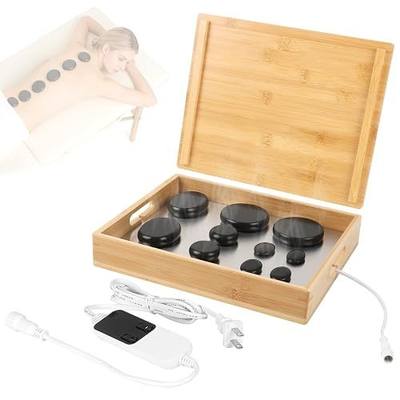 Hot Stone Massage Set with Warmer Kit, 10 PCS Rocks Stones with Bamboo Heater Box, Temperature Control and Timing Setting, Massage Stone Heater for Spa & Home Use