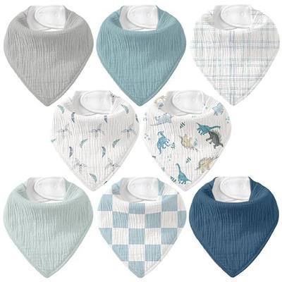 8 Pack Muslin Baby Bandana Bibs for Drooling and Teething | Absorbent Cotton Drool Bib for Baby Boy Girl, Easy Adjustable Bibs for Newborn Infants Toddlers, 0-36 Months, Blue Dinosaur