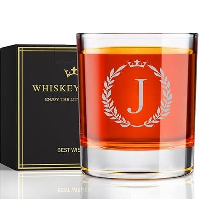 Fathers Day Gift for Dad Husband Grandpa, Personalized Whiskey Glasses Gifts for Men, Custom Engraved A-Z Bourbon Rocks Glass, Unique Birthday Gifts for Men Him from Daughter Son Wife,10.6 oz (J)