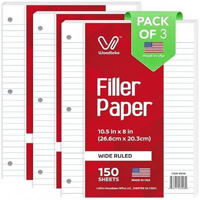 Woodlake Loose Leaf Paper, Wide Ruled Notebook Paper, 8 x 10.5”, 150 Sheets per Pack, 3 Pack Bulk Lined Filler Paper, 3 Hole Punched, 60gsm, Made in USA