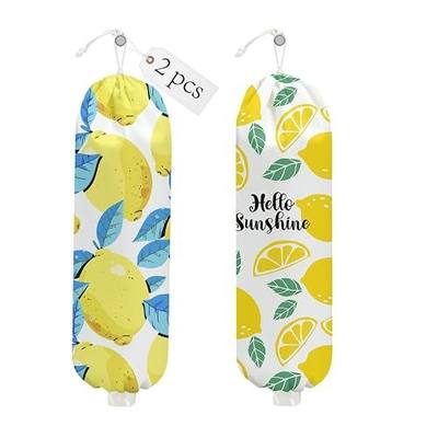 2PCS Lemon Plastic Bag Holder, Wall Mount Grocery Bag Holder for Plastic Storage bag, Lemon Storage Organizer Reusable Grocery Bags, Pull Rope Free Adjustment, Gifts for Women Mom Grandma