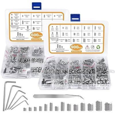 1500PCS Metric & SAE Set Screw Assortment Kit, 32 Size 304 Stainless Steel Internal Hex Allen Grub Head Set Screws for Bathroom Fixtures, Door Handles, Home Repair, Silver, M3-M8, 1/8-40 to 5/16-18