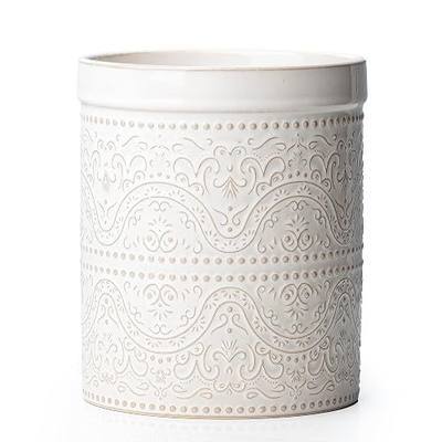Kitchen Utensil Holder, 7 Inches Large Ceramic Utensil Holder for Countertop, Lace Emboss Cooking Utensil Crocks for Kitchen, Home Decor, Off-White
