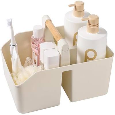 rejomiik Plastic Shower Caddy, Portable Basket with Bamboo Handle, Cream | Cleaning Caddy Organizer Tote for Bathroom, College Dorm Essentials, Bath Toy Storage, Cleaning Supplies