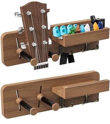 USION 2-Pack Guitar Wall Mount, Adjustable Guitar Hanger Wall Mount | Guitar Holder with Pick Holder and 2 Hooks Wood Guitar Wall Hangers, for Acoustic, Electric, Bass, Ukulele(Brown 2PCS)